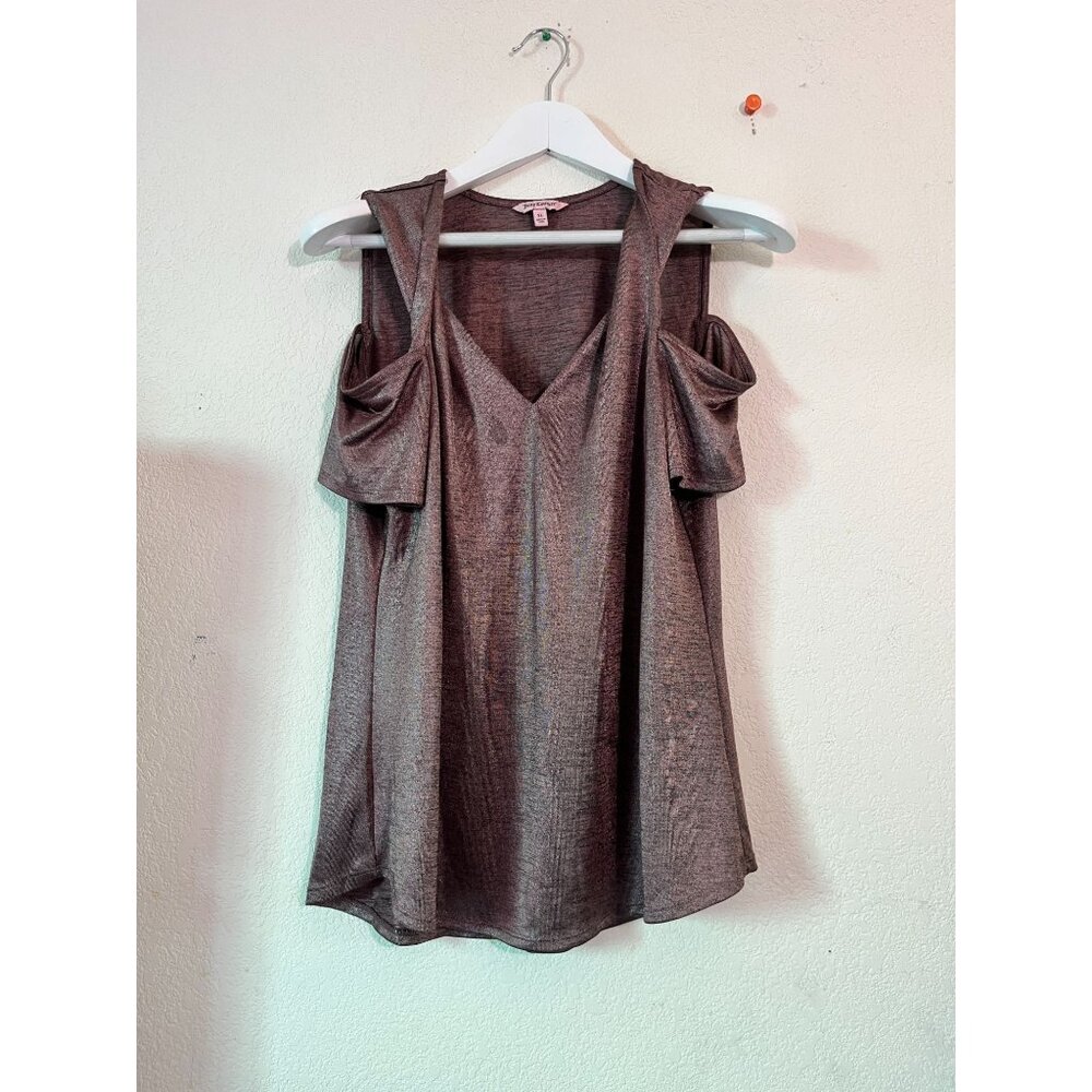 Juicy Couture Womens Brown Metallic Cold Shoulder Top XL Short Sleeve Stretch